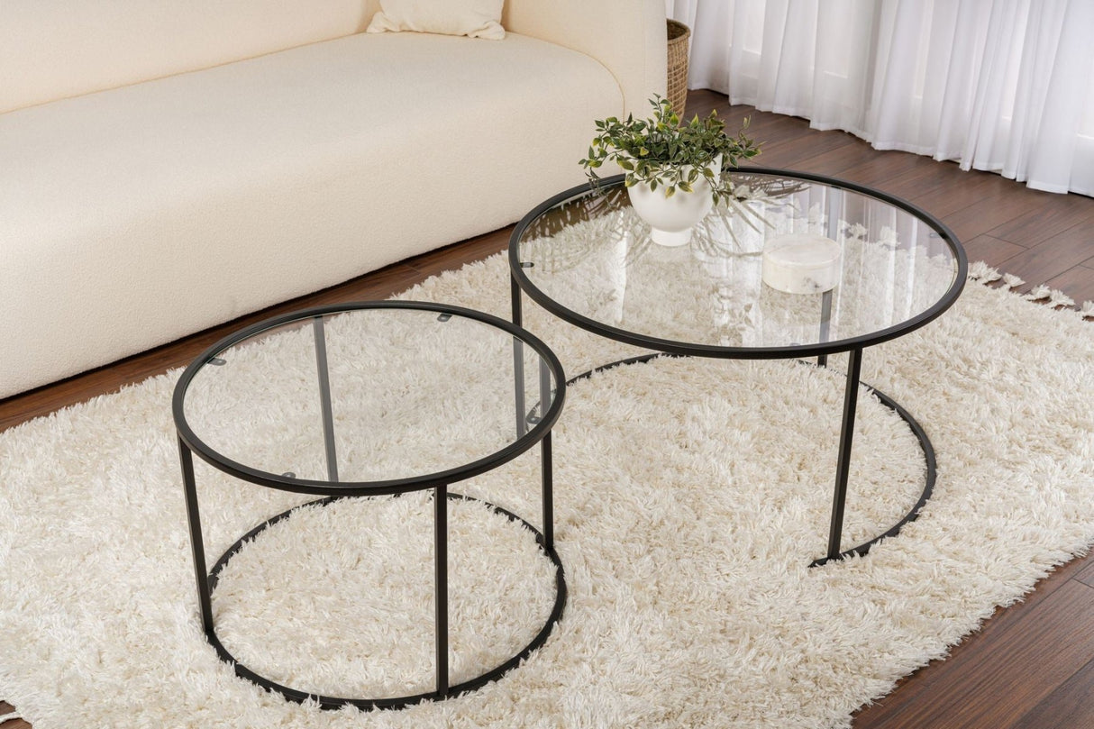 Salontafels - Moderne Ronde Salontafel Set van 2 Uru Zwart - Transparant Glas - 80/60 cm - Dimehouse