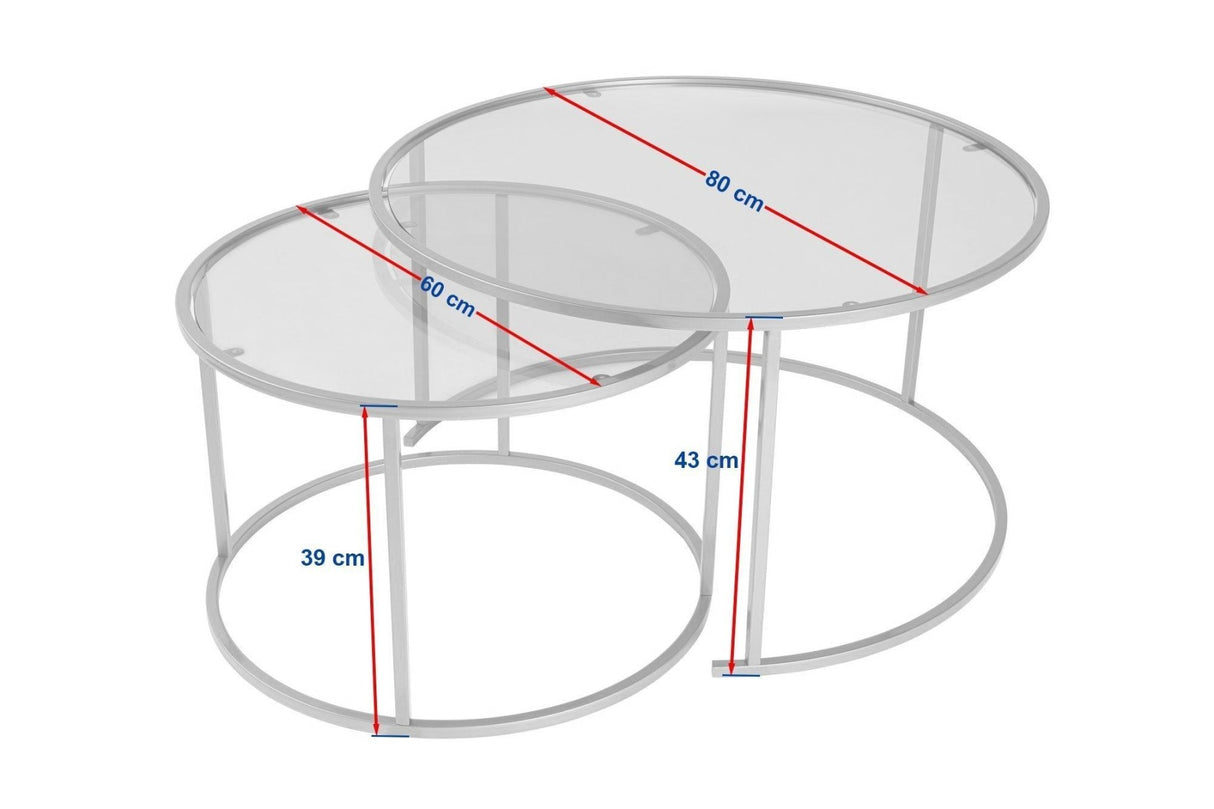 Salontafels - Moderne Ronde Salontafel Set van 2 Uru Goud - Transparant Glas - 80/60 cm - Dimehouse