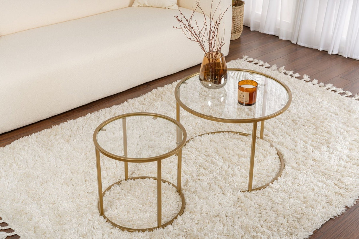 Salontafels - Moderne Ronde Salontafel Set van 2 Uru Goud - Transparant Glas - 60/42 cm - Dimehouse