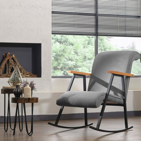 Fauteuils - Retro schommelstoel grijs velvet met beukenhout armleuning Yoka - Dimehouse