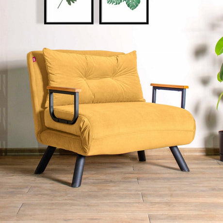 Fauteuils - Scandinavische slaapfauteuil Mosterd Geel stof linnen look Sando - Dimehouse