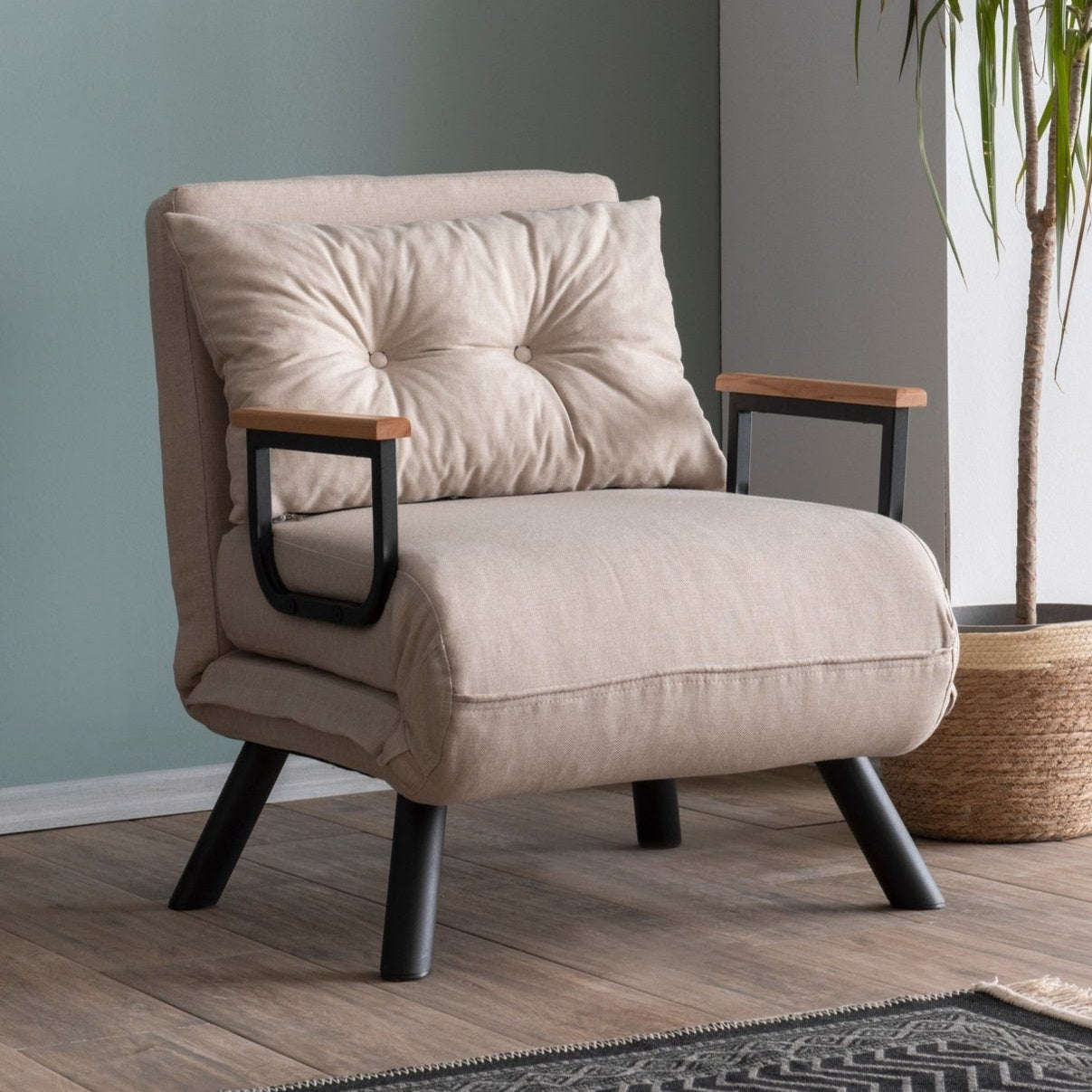 Fauteuils - Scandinavische slaapfauteuil Taupe stof linnen look Sando - Dimehouse