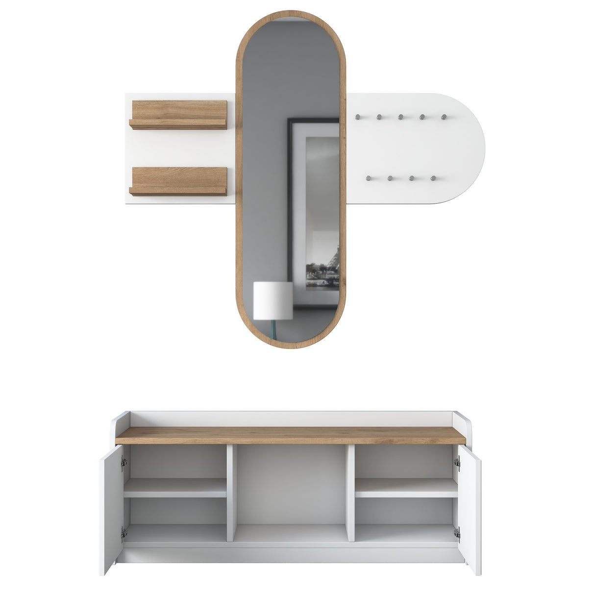 Meubelsets - Meubelset Kapstok - Spiegel - Schoenenkast - Wit - Walnoot Melamine - Hally - Dimehouse