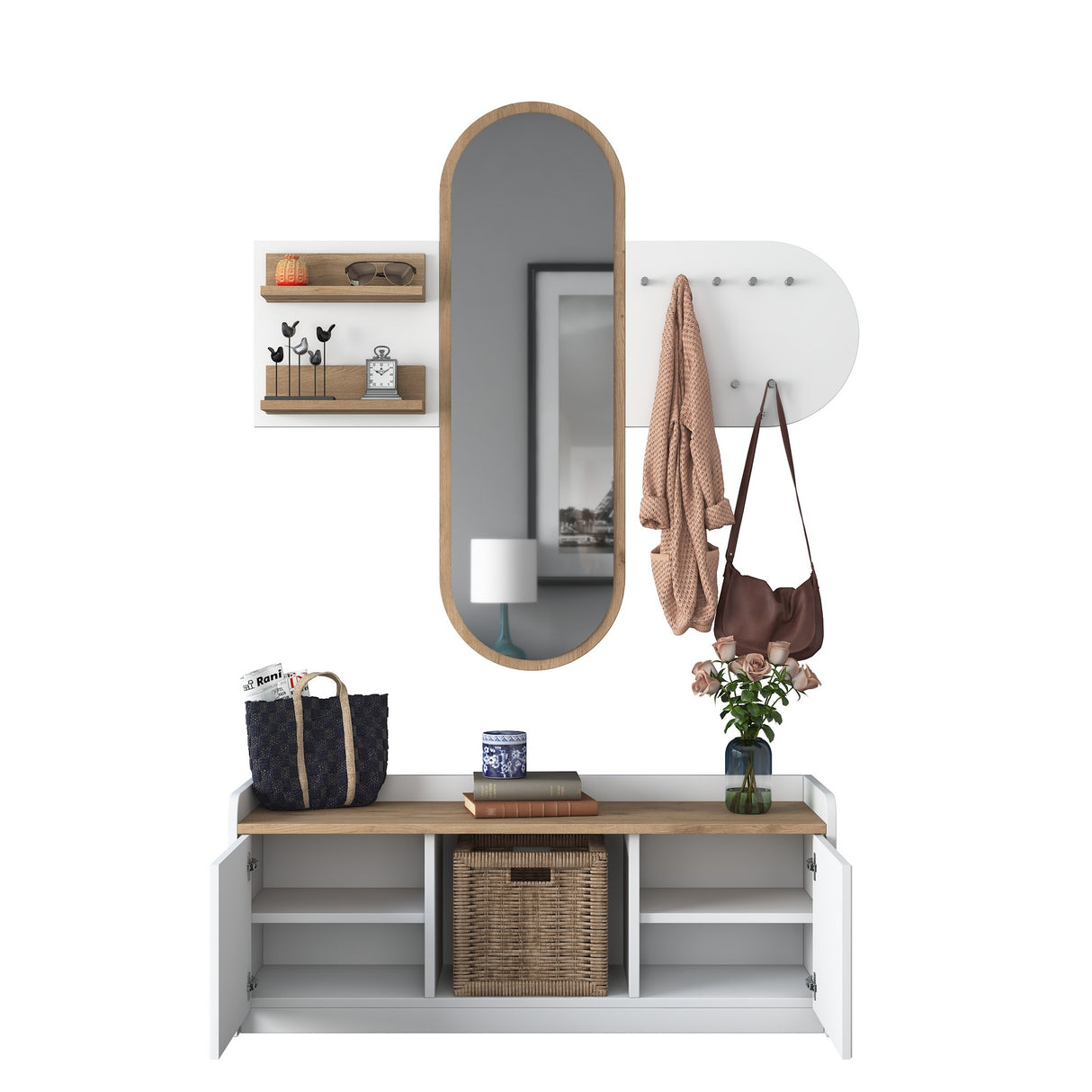 Meubelsets - Meubelset Kapstok - Spiegel - Schoenenkast - Wit - Walnoot Melamine - Hally - Dimehouse