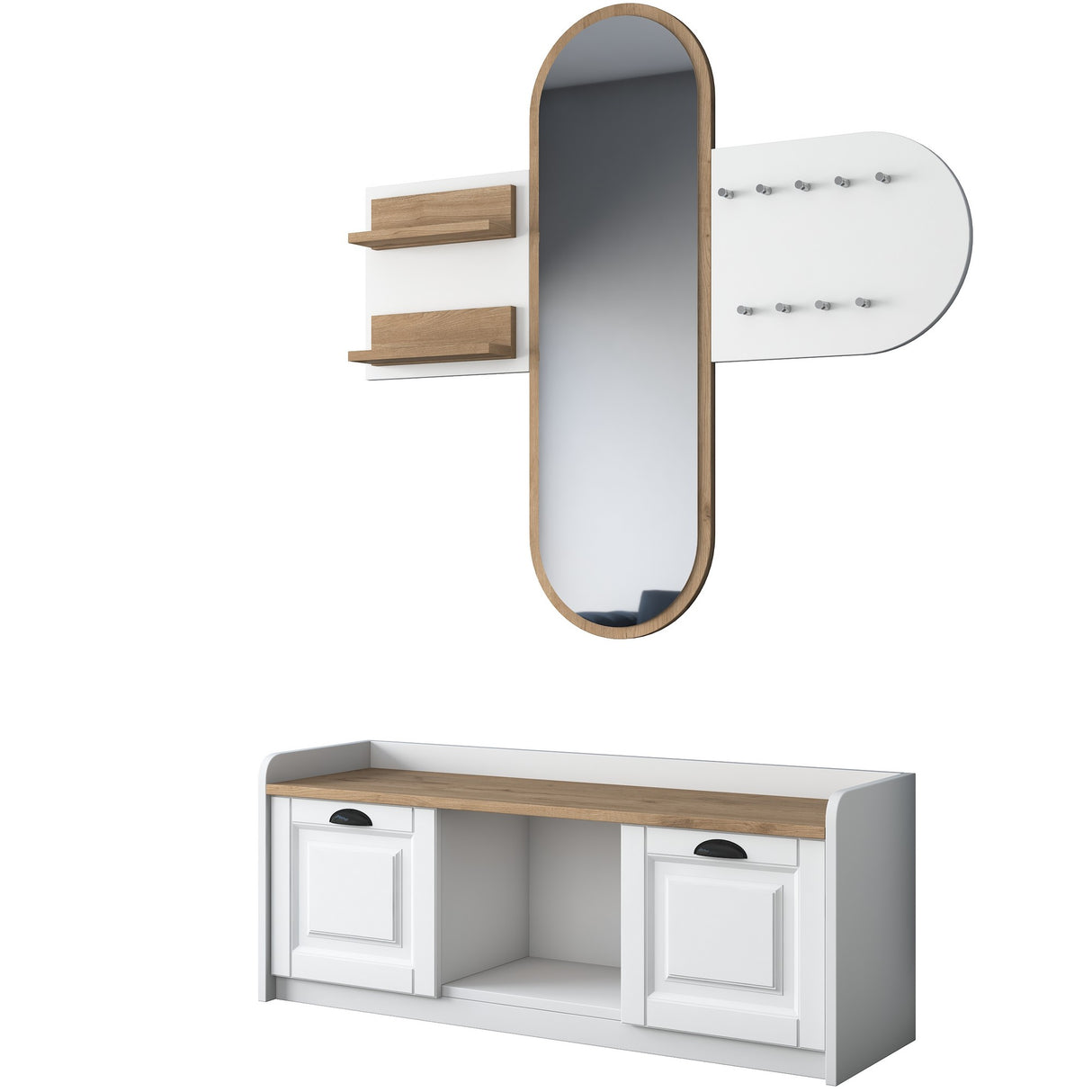 Meubelsets - Meubelset Kapstok - Spiegel - Schoenenkast - Wit - Walnoot Melamine - Hally - Dimehouse