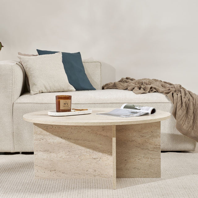 Salontafels - Ronde salontafel Travertin melamine - 90x90x40 cm - Dakota - Dimehouse