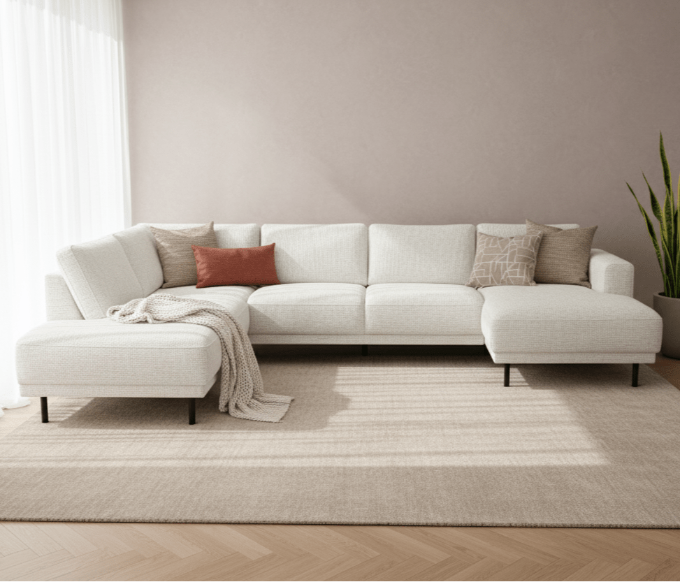 Banken - Moderne U - Bank Hoekbank Beige Stof - Links - 310x197x142 cm - Aniko - Dimehouse