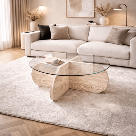 Salontafels - Ronde salontafel Aris travertin melamine en transparant glas 75 cm - Dimehouse