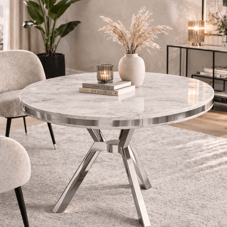 Eettafels - Eettafel wit rond marmerlook met chroom - 90 cm doorsnee - Mos - Dimehouse