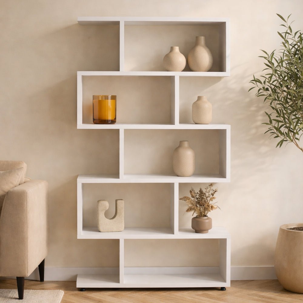 Boekenkasten - S - vormige boekenkast wit melamine Elif 90x156x20 cm - Dimehouse