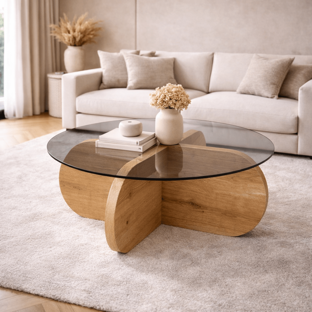 Salontafels - Ronde salontafel Aris eiken look melamine en rookglas 75 cm - Dimehouse