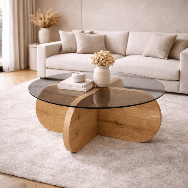 Salontafels - Ronde salontafel Aris eiken look melamine en rookglas 75 cm - Dimehouse