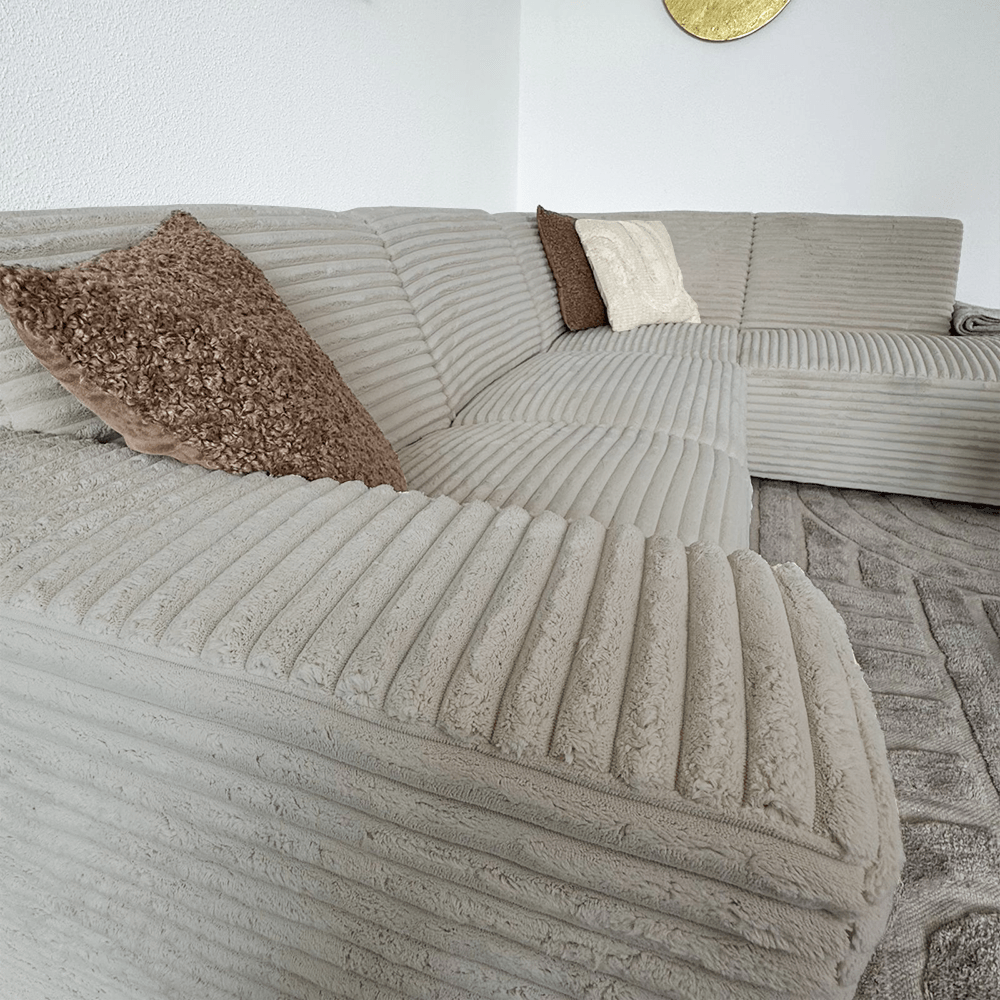 Banken - Hoekbank beige super zachte ribstof Gavi - rechts - Dimehouse