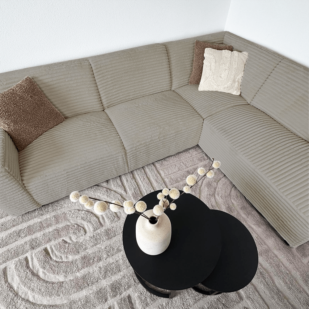 Banken - Hoekbank beige super zachte ribstof Gavi - rechts - Dimehouse