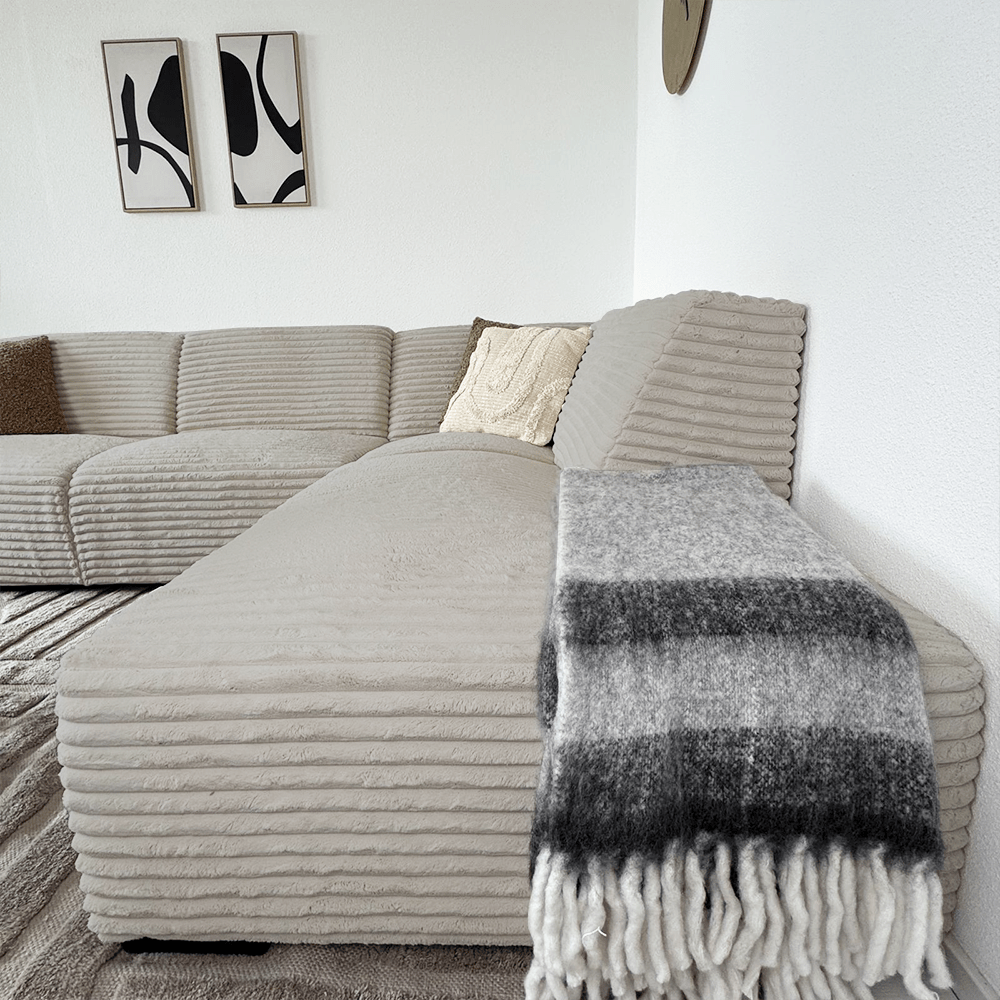Banken - Hoekbank beige super zachte ribstof Gavi - rechts - Dimehouse
