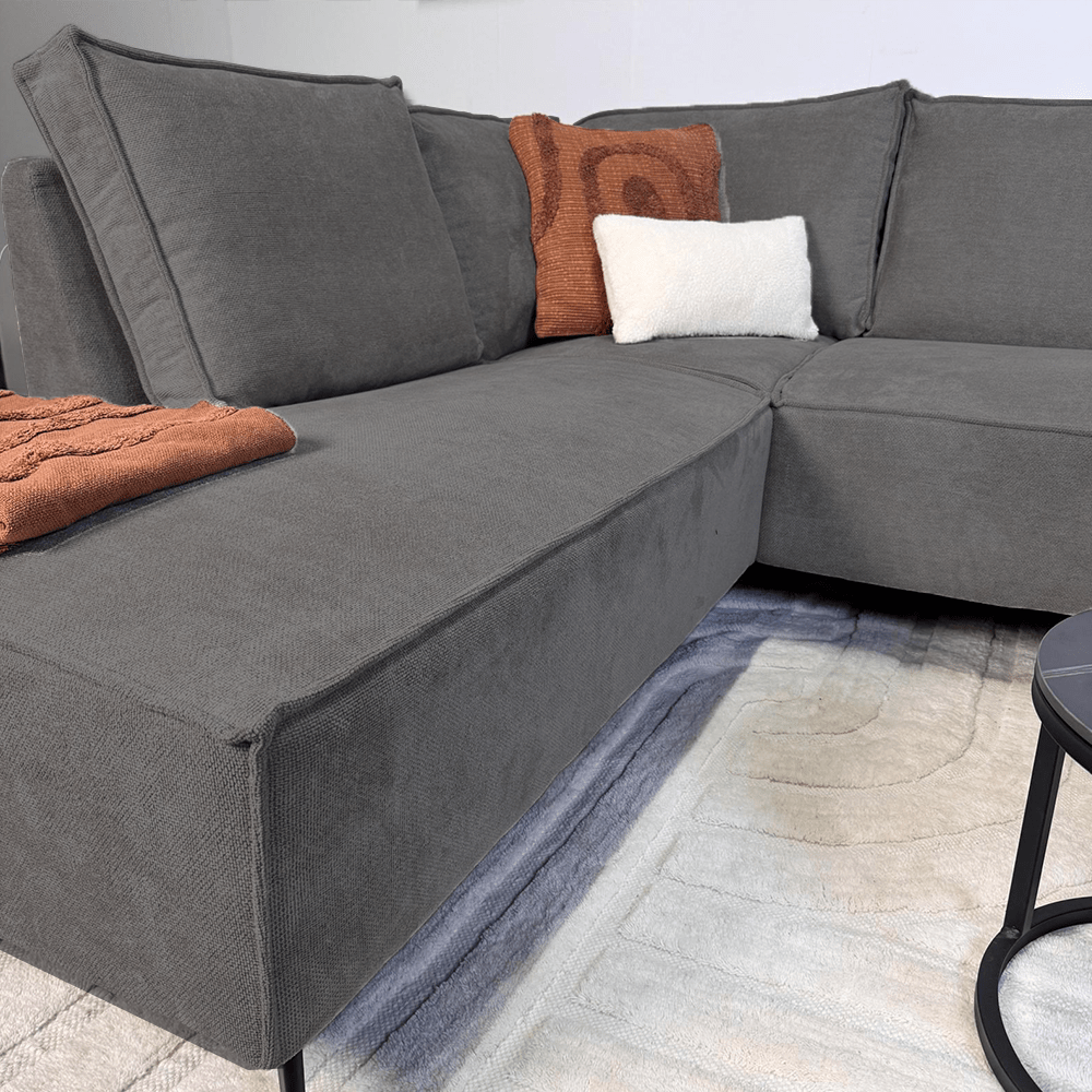 Banken - Hoekbank met chaise longue antraciet chenille Yara - links - Dimehouse