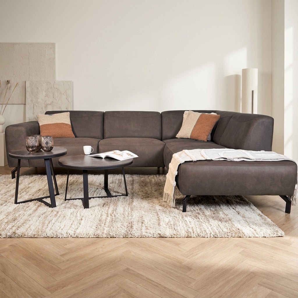 Ecksofa anthrazitfarbenes robustes Öko-Leder Barin – stimmungsvolles Foto rechts Modern Innenraum