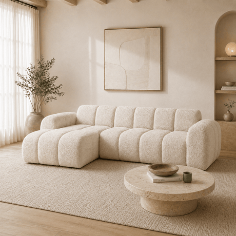 Banken-Hoekbank met lounge beige bouclé stof - strepen - links - Brix-Dimehouse