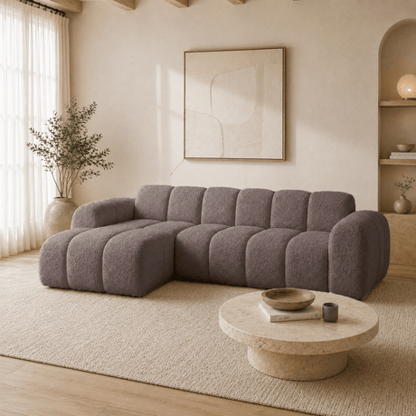 Banken-Hoekbank met lounge zacht bruin bouclé stof - strepen - links - Brix-Dimehouse