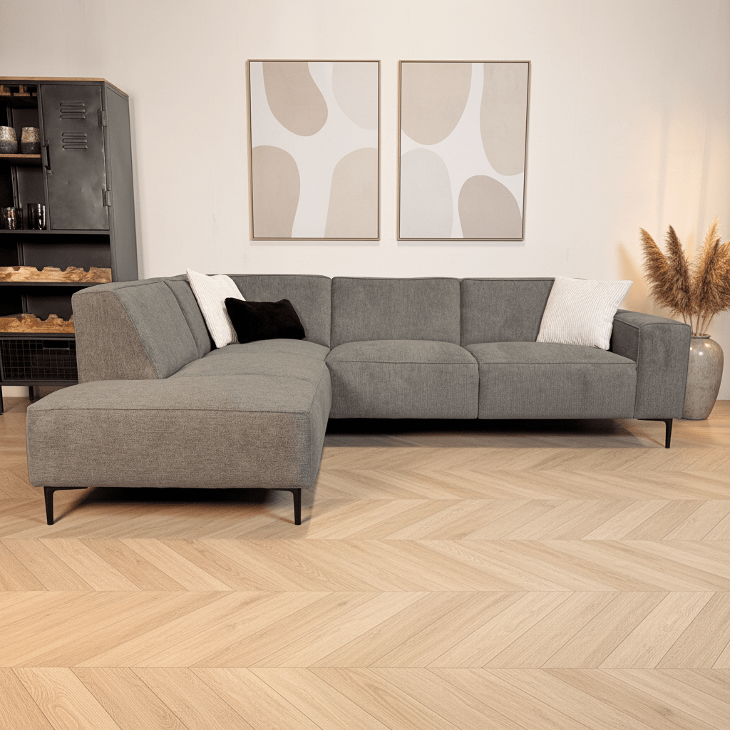 Banken - Hoekbank taupe chenille gemêleerd Ravi – links - Dimehouse