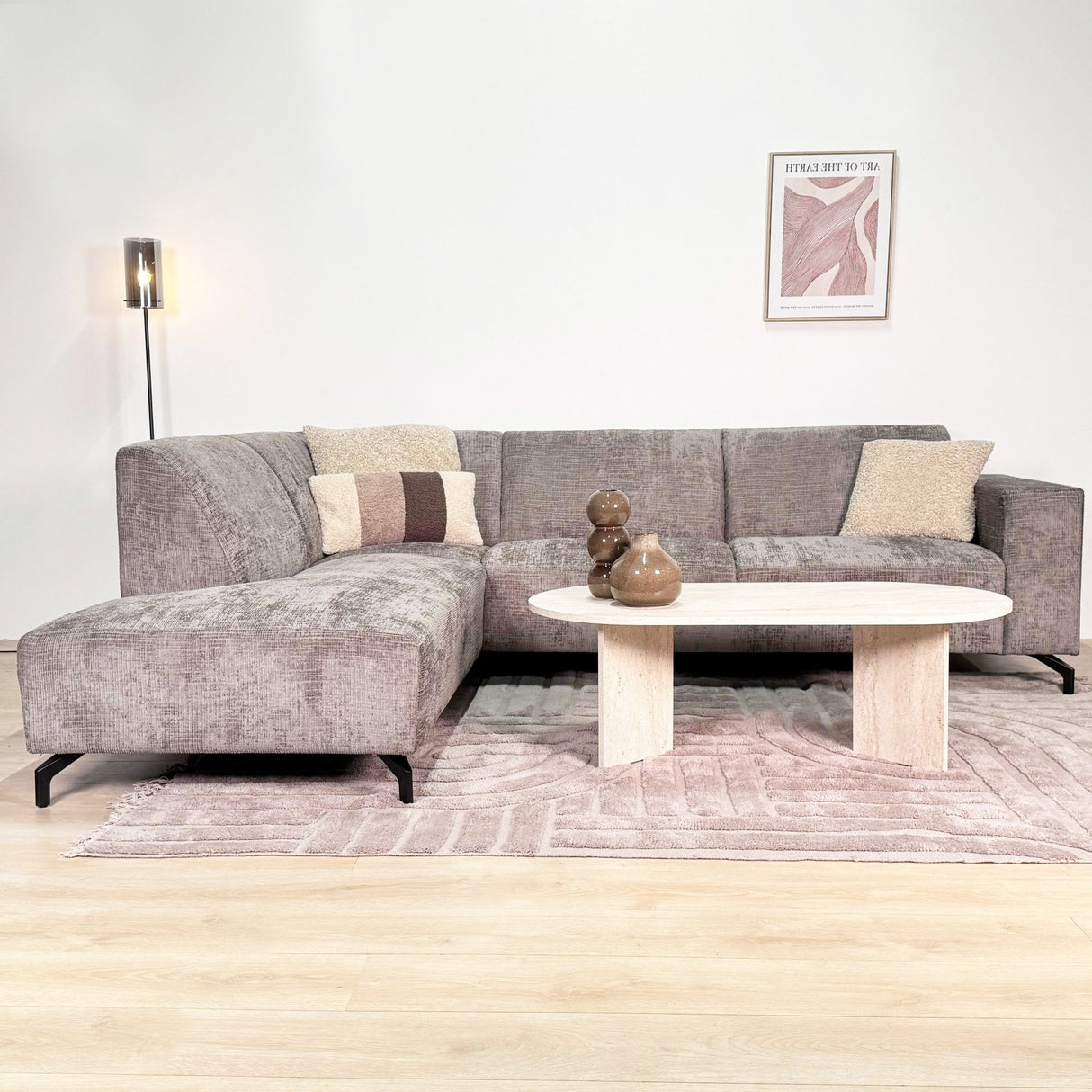 Banken - Hoekbank met chaise longue taupe chenille stof Manon - links - Dimehouse