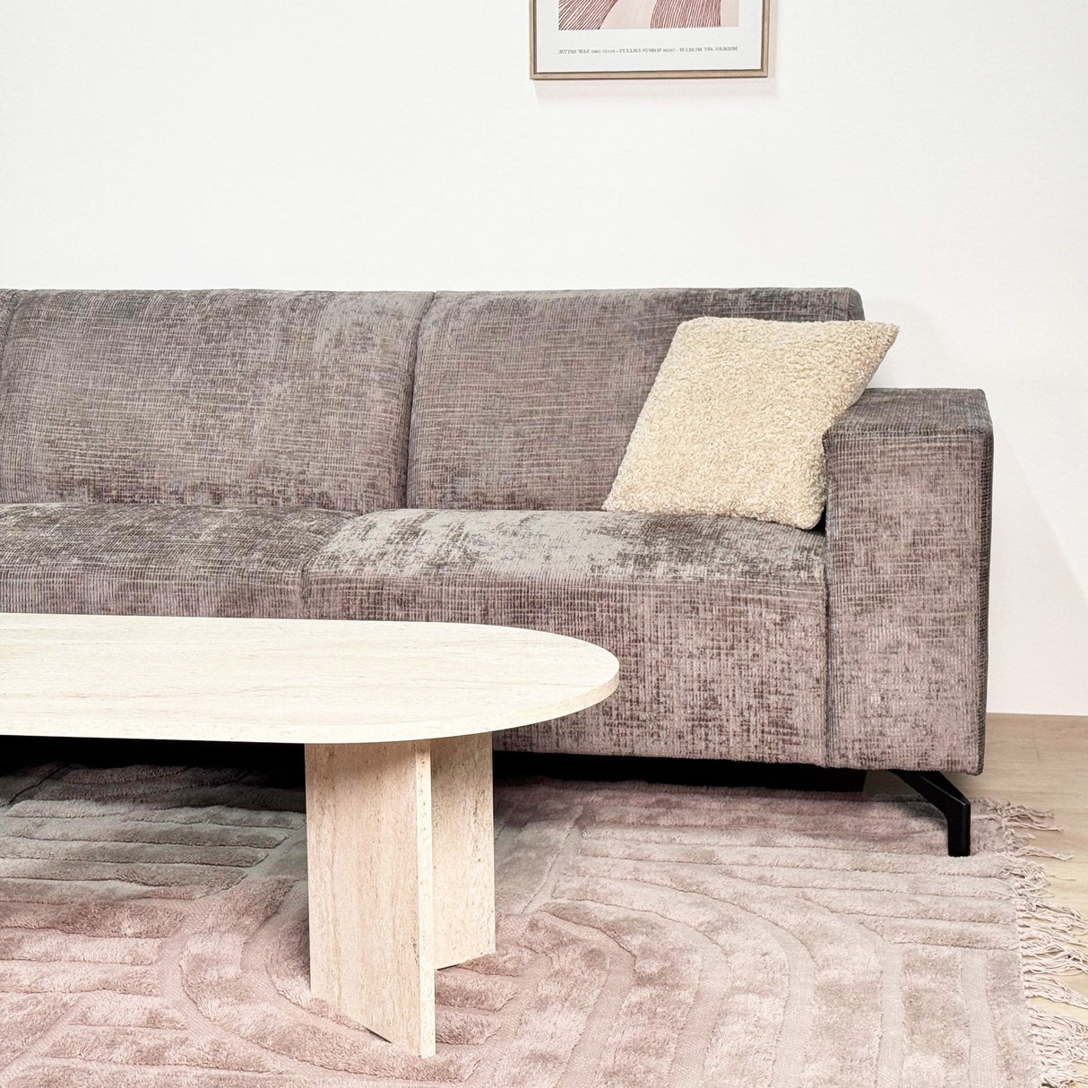 Banken - Hoekbank met chaise longue taupe chenille stof Manon - links - Dimehouse