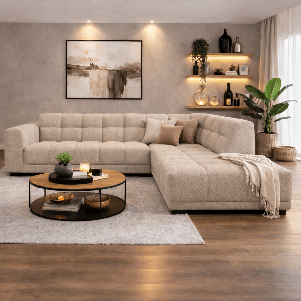Banken - Hoekbank met lounge beige bouclé stof Nova - rechts - Dimehouse