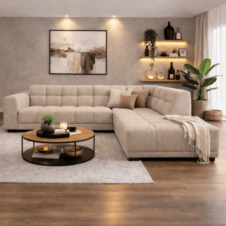 Banken - Hoekbank met lounge beige bouclé stof Nova - rechts - Dimehouse