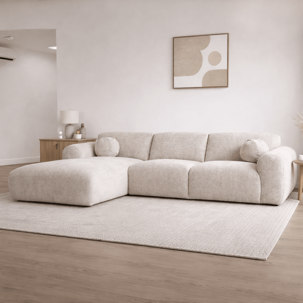 Banken - Hoekbank beige chenille stof - 292x169 cm - Shane - links - Dimehouse