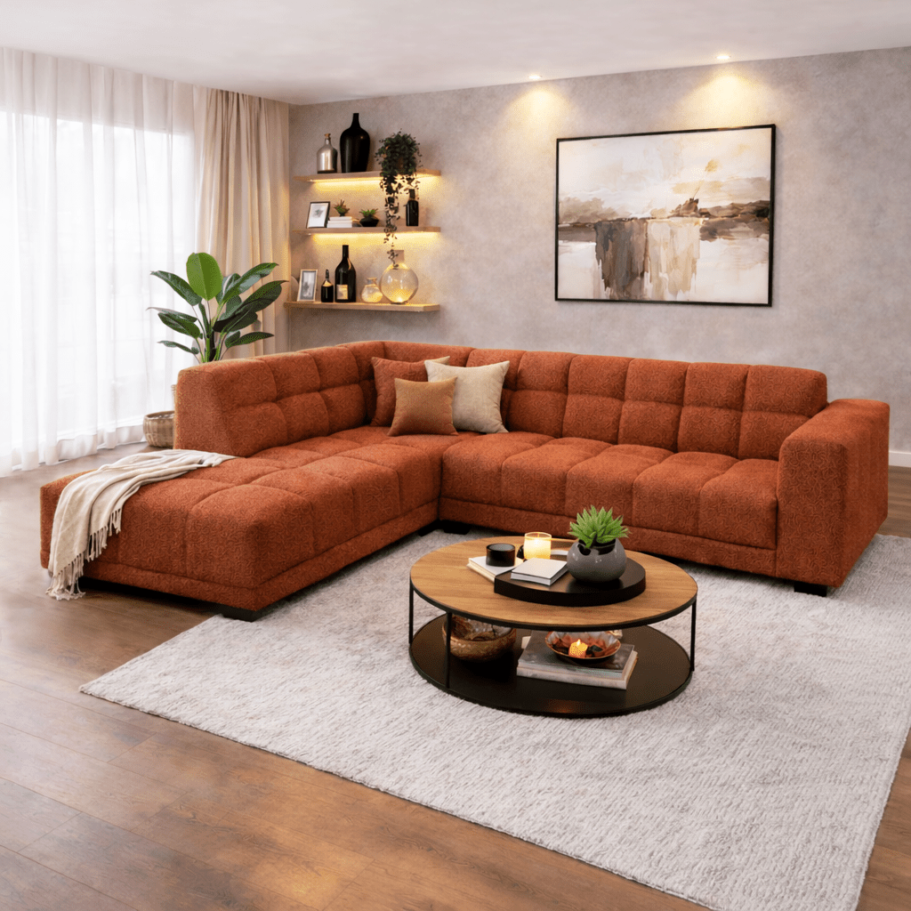 Banken - Hoekbank met lounge koper bouclé stof Nova - links - Dimehouse