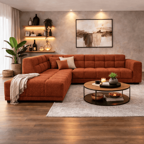 Banken - Hoekbank met lounge koper bouclé stof Nova - links - Dimehouse