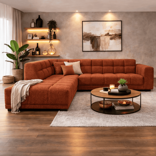 Banken - Hoekbank met lounge koper bouclé stof Nova - links - Dimehouse