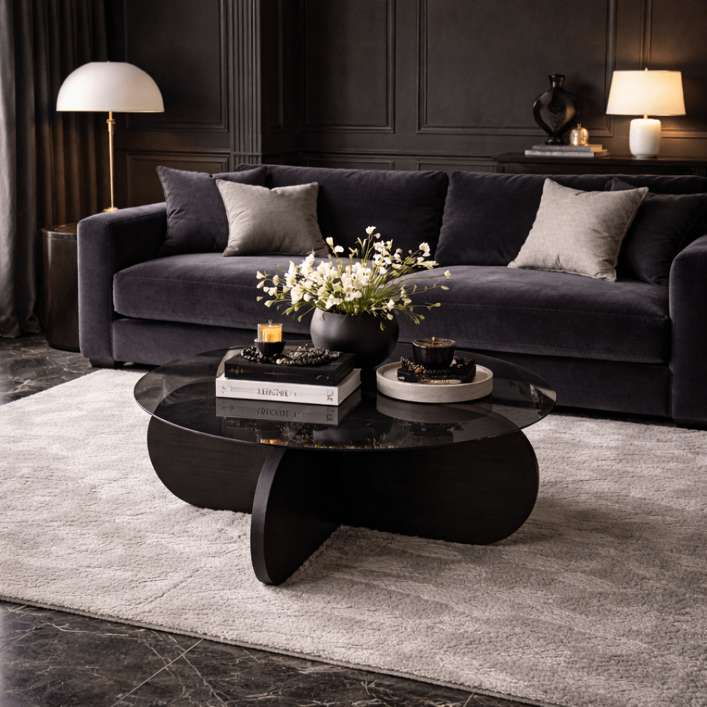 Salontafels - Ronde salontafel Aris zwart melamine en rookglas 75 cm - Dimehouse