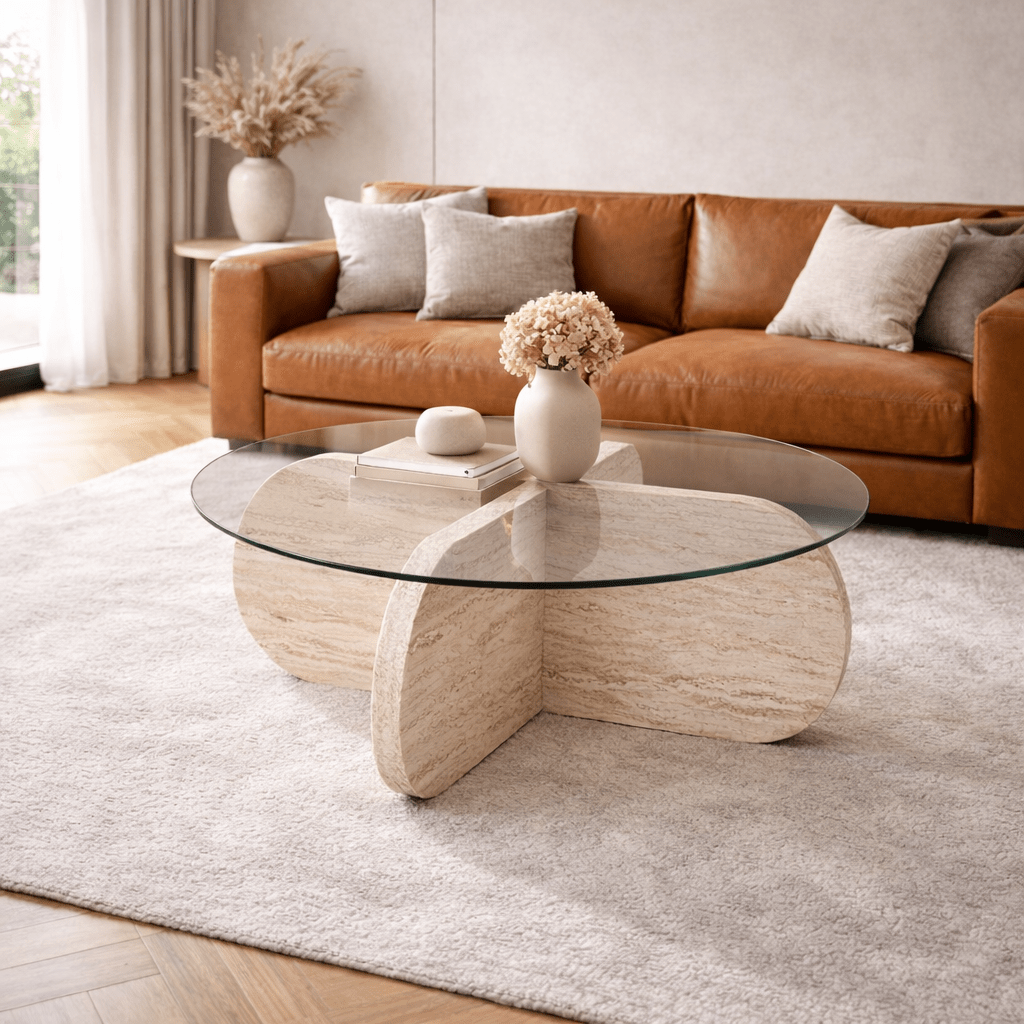 Salontafels - Ronde salontafel Aris travertin melamine en transparant glas 75 cm - Dimehouse