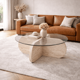Salontafels - Ronde salontafel Aris travertin melamine en transparant glas 75 cm - Dimehouse