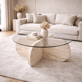 Salontafels - Ronde salontafel Aris travertin melamine en transparant glas 75 cm - Dimehouse