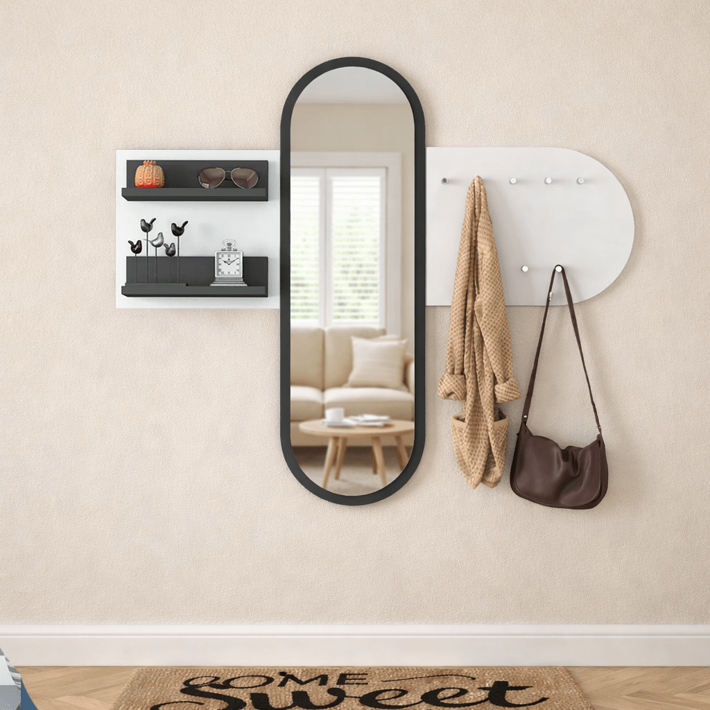 Kapstokken - Kapstok Wit Melamine 9 - Haaks - Met Spiegel - Twee Plankjes - Hally - Dimehouse