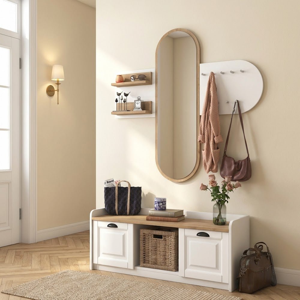 Meubelsets - Meubelset Kapstok - Spiegel - Schoenenkast - Wit - Walnoot Melamine - Hally - Dimehouse