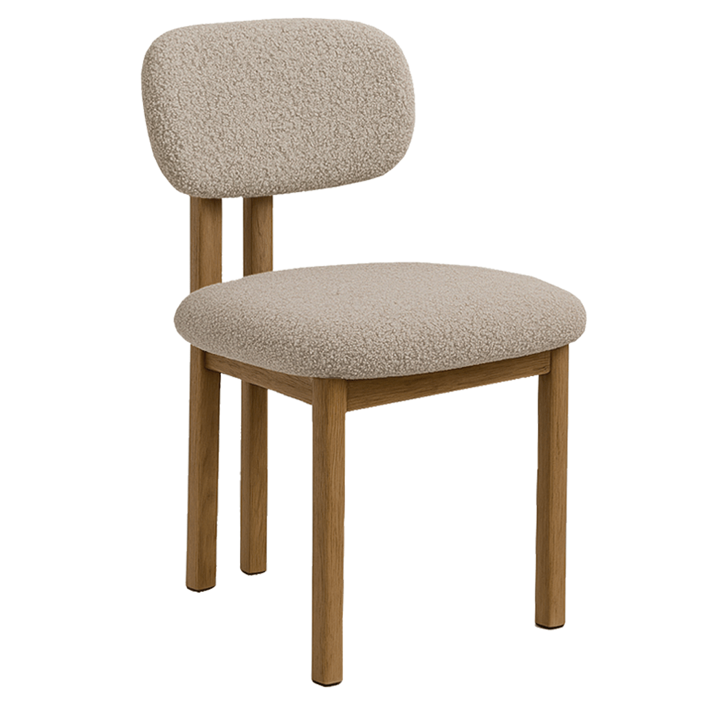 Eetkamerstoelen - Japandi Eetkamerstoel Miyo Bouclé Zandkleur - Eikenlook Frame - Dimehouse