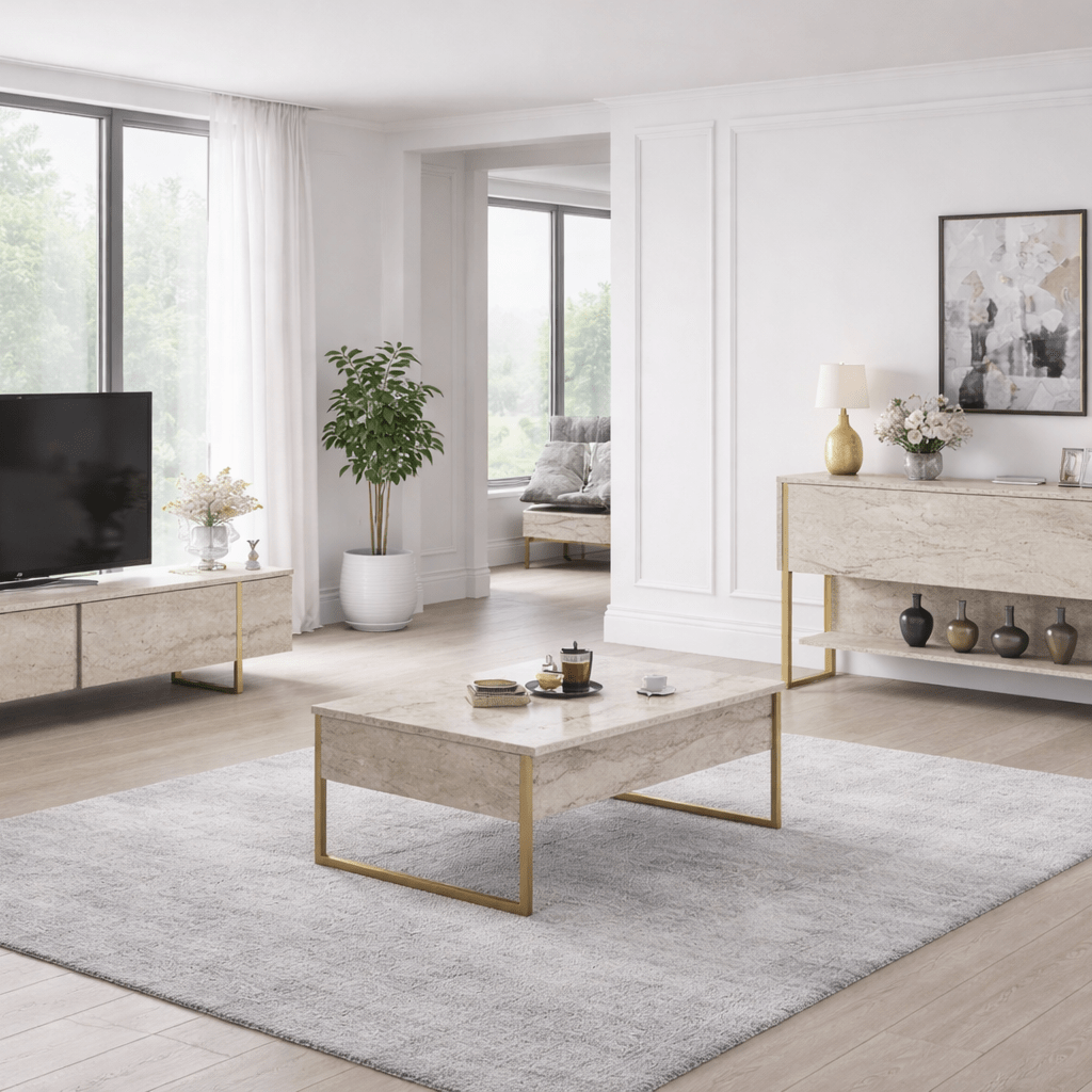 Dressoirs - Modern Dressoir Travertin Luxe 120x80x30 - Gouden Frame - Eén Vak - Dimehouse