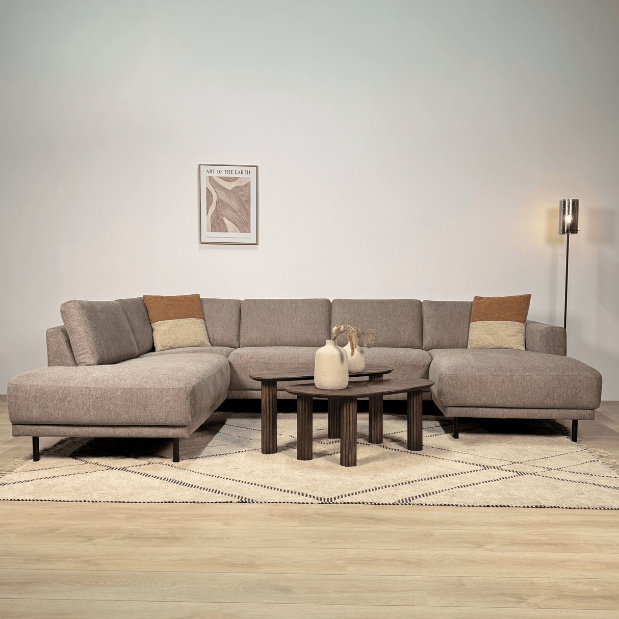 Banken - Moderne U - Bank Hoekbank Taupe Stof - Links - 310x197x142 cm - Aniko - Dimehouse