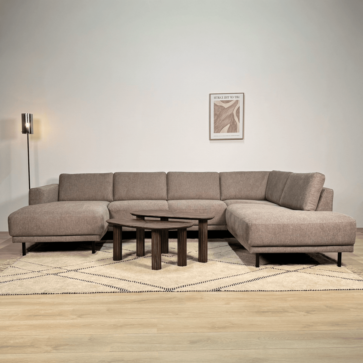 Banken - Moderne U - Bank Hoekbank Taupe Stof - Rechts - 310x197x142 cm - Aniko - Dimehouse
