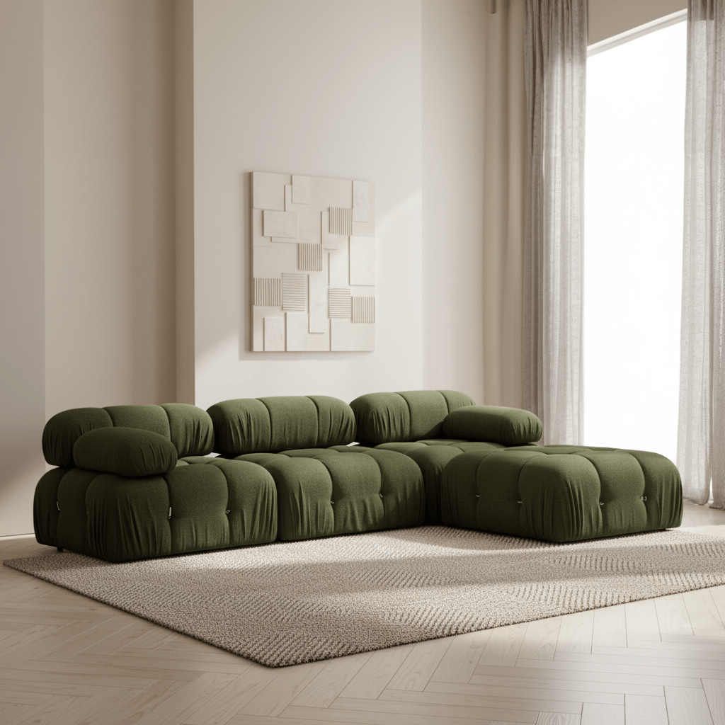 Modulares XXL-Ecksofa Bubble mit Ottomane – Samtgrün