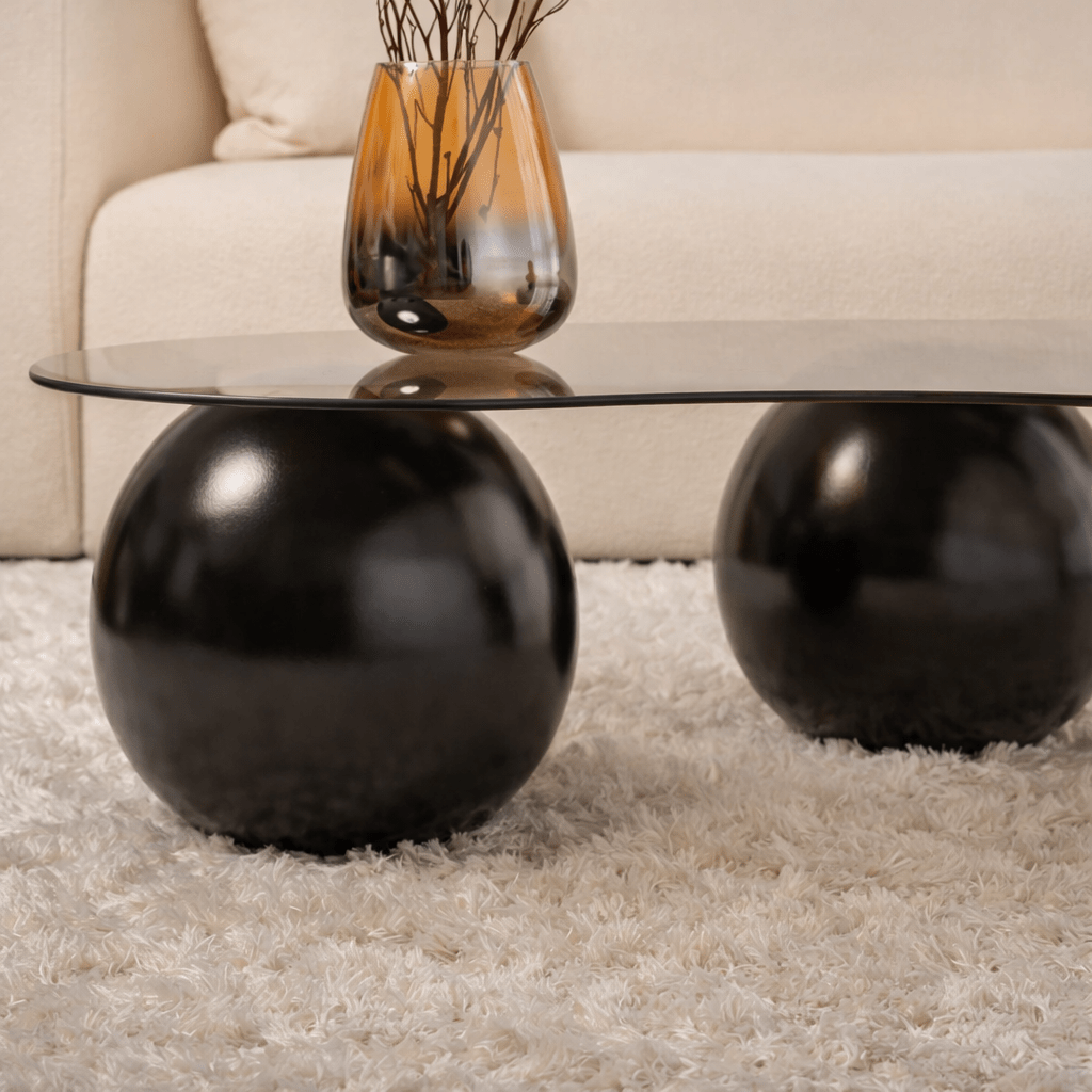 Salontafels - Organische salontafel brons getint glas zwarte bolpoten Sphere 120x70 cm - Dimehouse