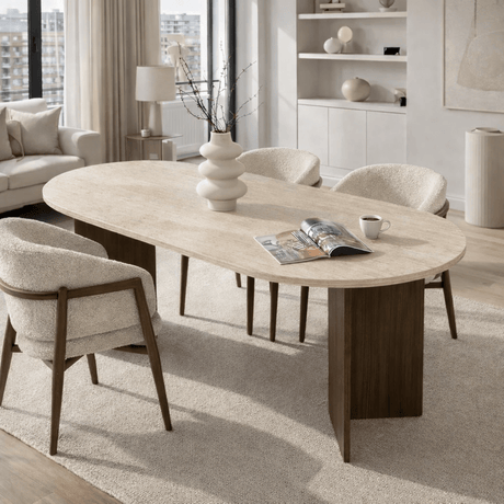 Eettafels - Ovale eettafel travertin blad - walnoot melamine - 180x89,5x75 cm - Sota - Dimehouse