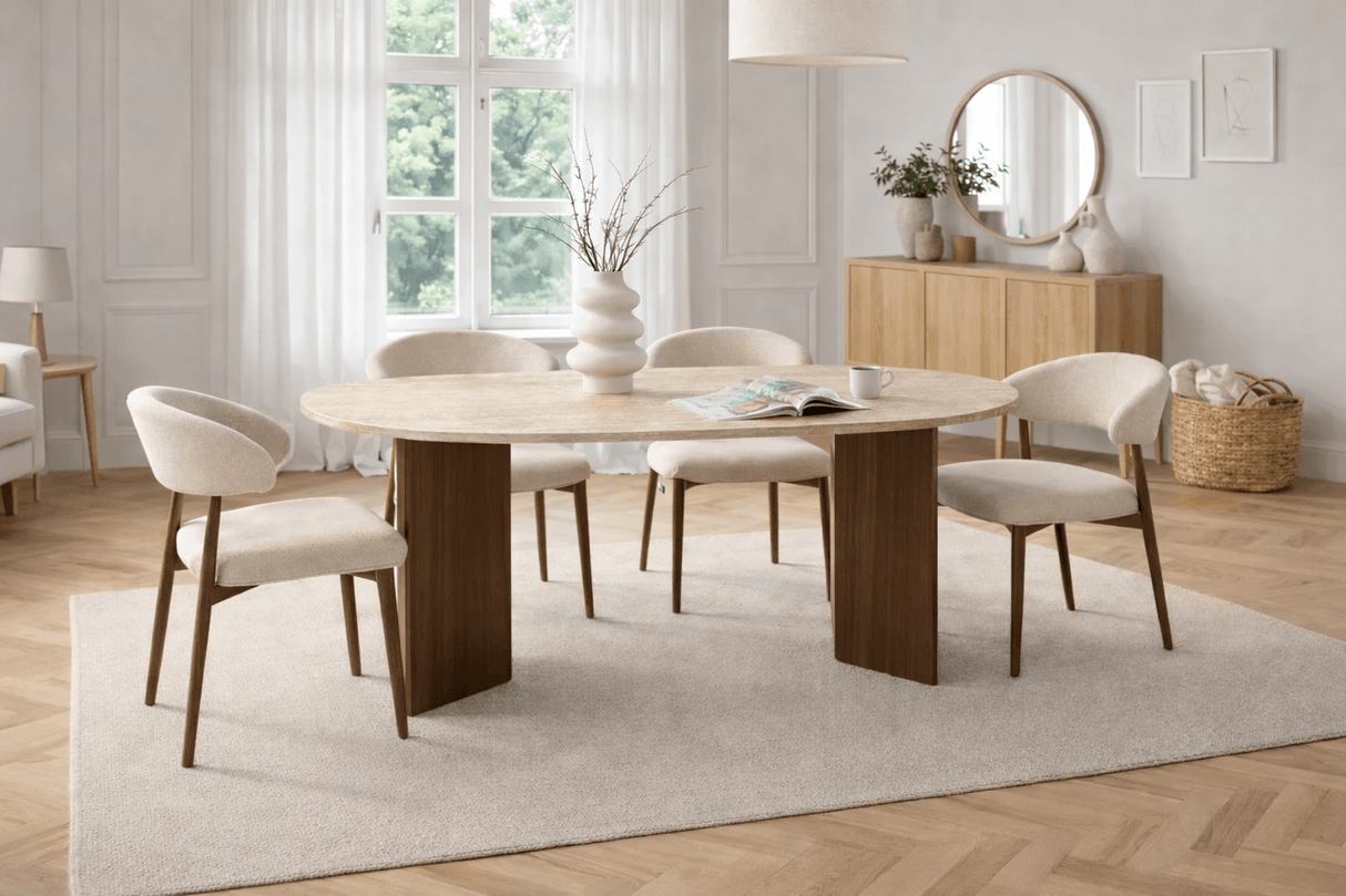 Eettafels - Ovale eettafel travertin blad - walnoot melamine - 180x89,5x75 cm - Sota - Dimehouse