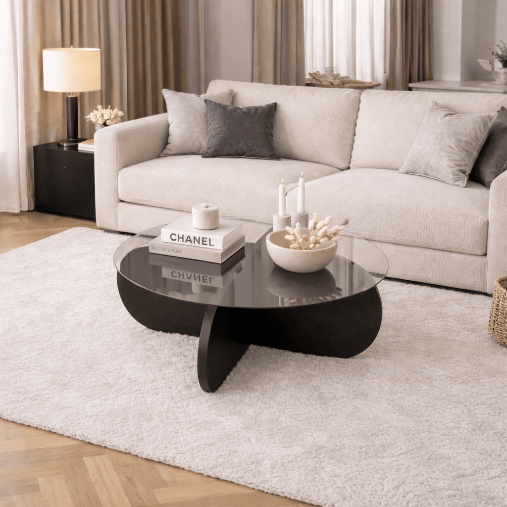 Salontafels - Ronde salontafel Aris zwart melamine en transparant glas 75 cm - Dimehouse