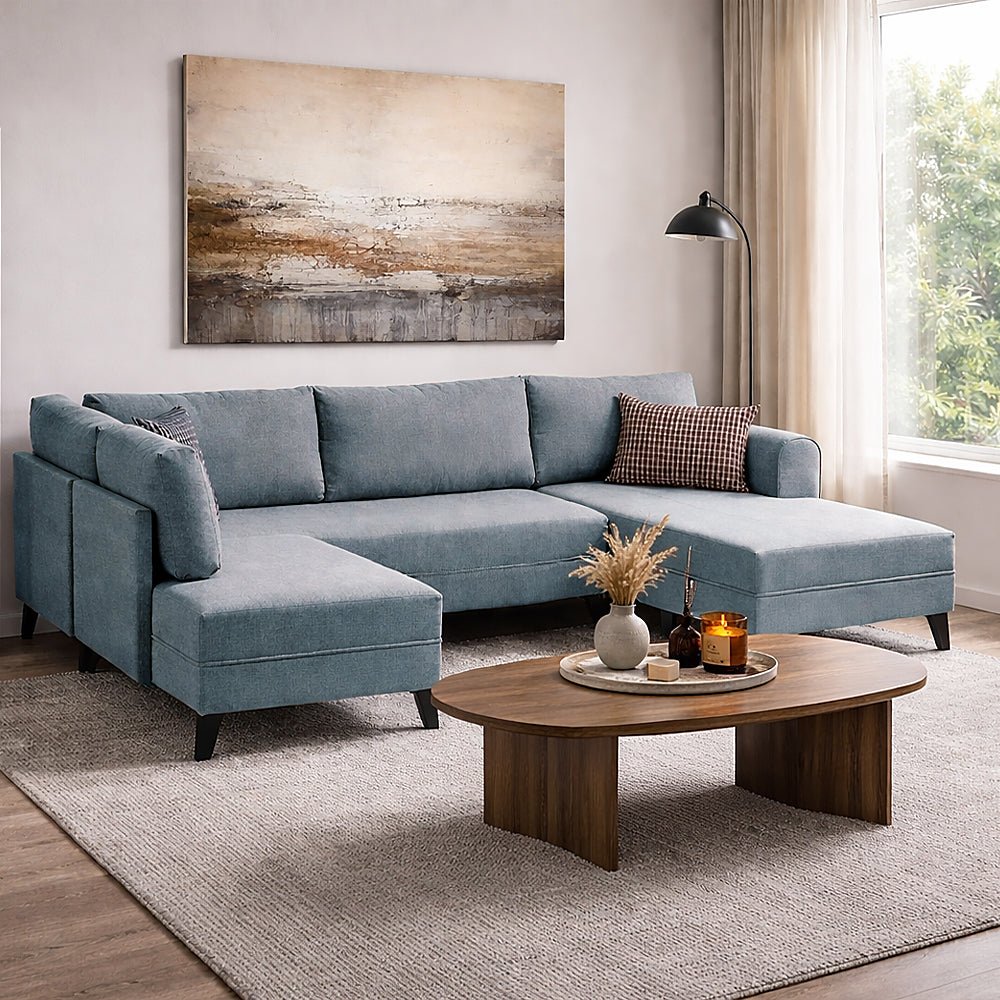 Banken - Slaapbank Blauw stof - U - bank - XXL 300x202x152cm - Belen - Dimehouse