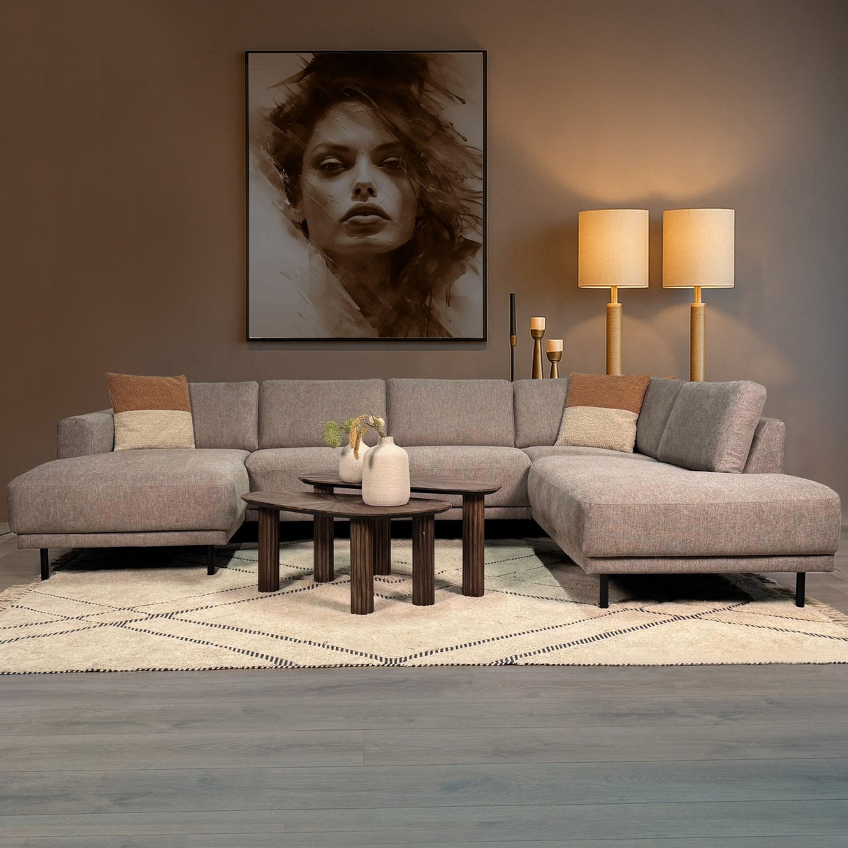 Banken - Moderne U - Bank Hoekbank Taupe Stof - Rechts - 310x197x142 cm - Aniko - Dimehouse