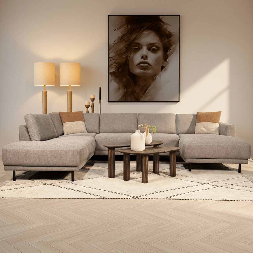 Banken - Moderne U - Bank Hoekbank Taupe Stof - Links - 310x197x142 cm - Aniko - Dimehouse